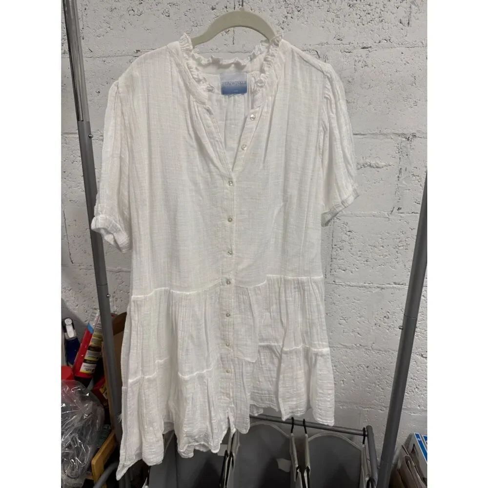 White Button-Front Gauze Tunic Dress - Simple White LIKE NEW Button Down - Large